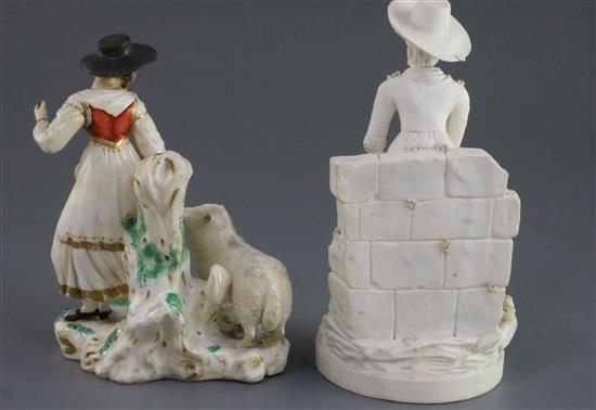 Two Rockingham porcelain figures, c.1830, h. 17cm and 19.5cm, some restoration to shepherdess
